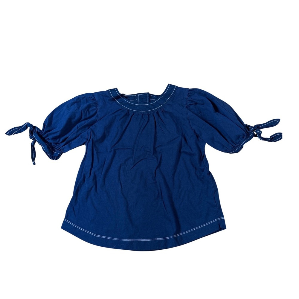 Anthropologie Blouse Women Navy Blue Puff Sleeve Contrast Stitch SIZE S‎